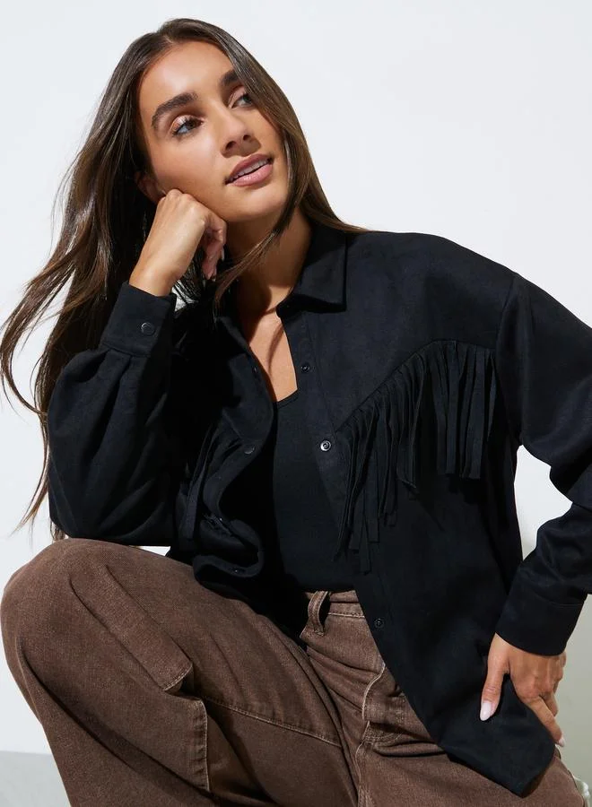 ستايلي Black Tassel Trim Suede Look Shirt