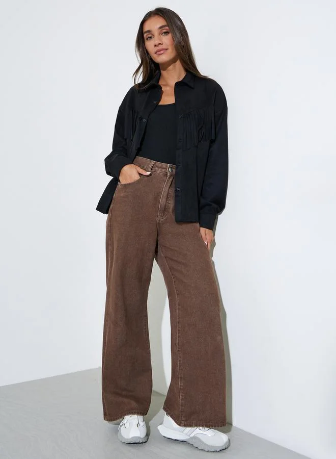 ستايلي Black Tassel Trim Suede Look Shirt
