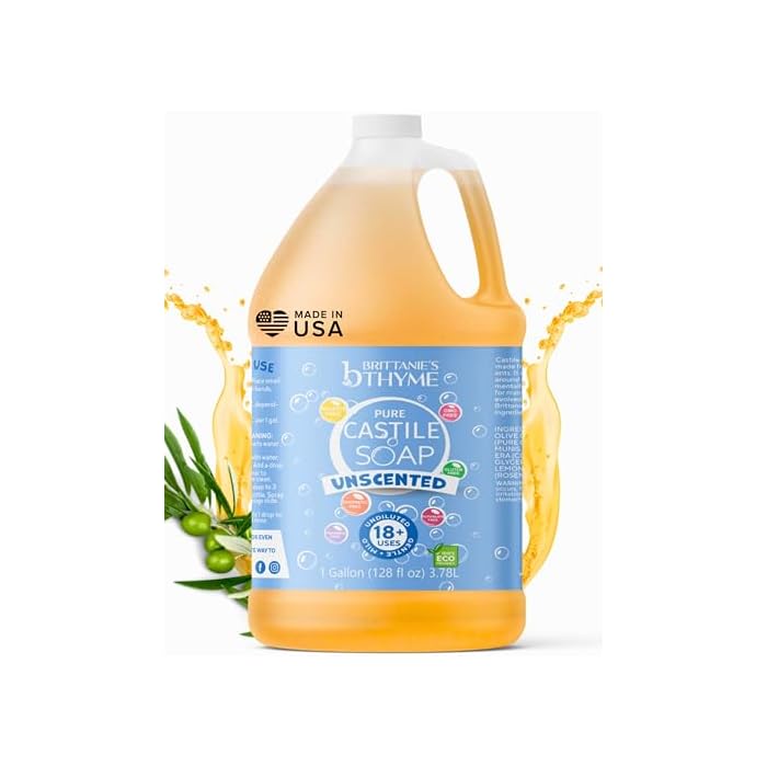Brittanie's Pure Organic Castile Liquid Olive Oil Soap Refill, 1 Gallon Unscented | Face, Body Wash, All Purpose Cleaner, Dishes, Pets, Laundry | Vegan, Biodegradable, Made in USA