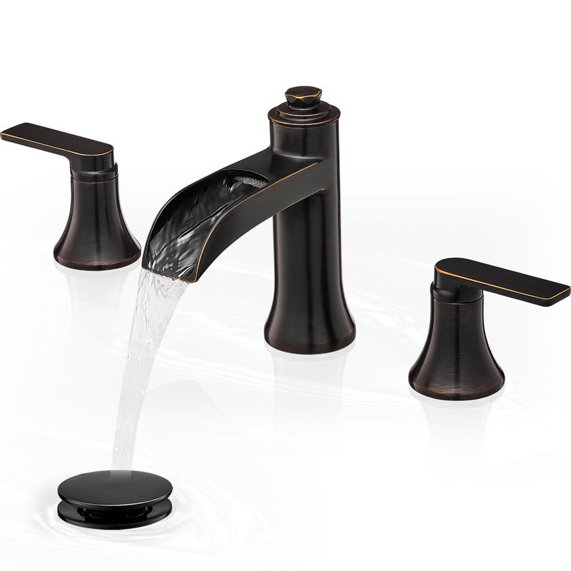 HEYMYTAP Waterfall Bathroom Faucets 3 Hole, 8 Inch Brass Oil Rubbed Bronze Bathroom Faucet, 2 Handles Bathroom Sink Faucet, Widespread Faucet for Bathroom Sink with Pop-up Drain & Hose - Image 1
