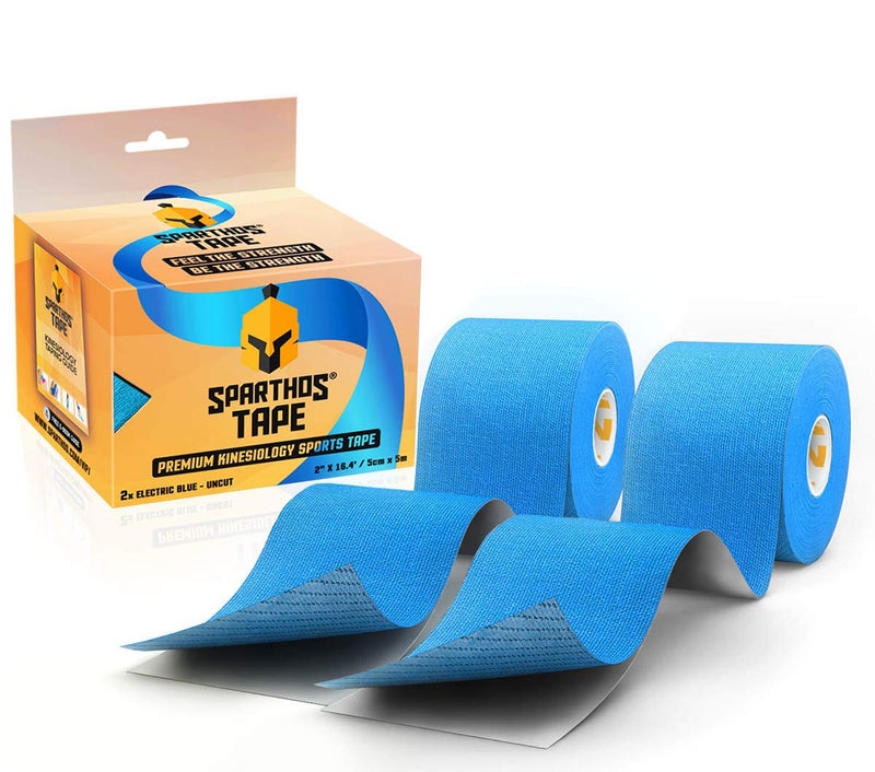 Sparthos Kinesiology Tape Pack of 2 Incredible Support for Athletic Sports and Recovery Free Kinesio Taping Guide Kinselogy Kenisology Kensio Kinesthetic Uncut 2X Electric Blue