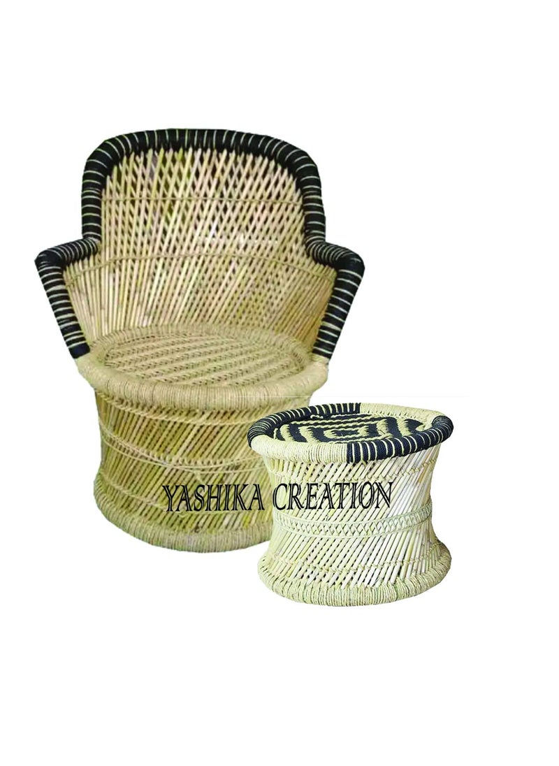 YASHIKA CREATION YASHIKA CREATION Handicraft Bamboo Sarkanda Chair for Outdoor with Black Beige Set 1 Chair 1 Stool  - Image 1