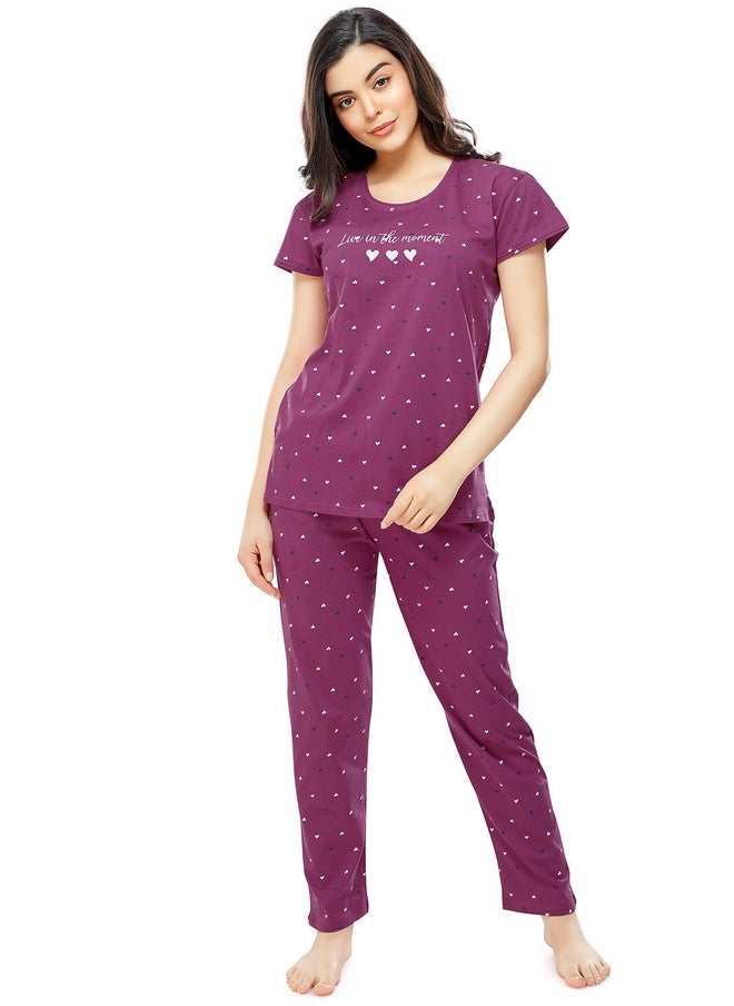 ZEYO Women's Cotton Heart Printed Night Suit Set of Top & Pyjama 5302 (PlumRed, XXX-Large) - pzsku/ZD24535832F5D4FF2DF99Z/45/_/1737721087/9e4355b9-3b1f-4207-b45e-1a41880a61b2