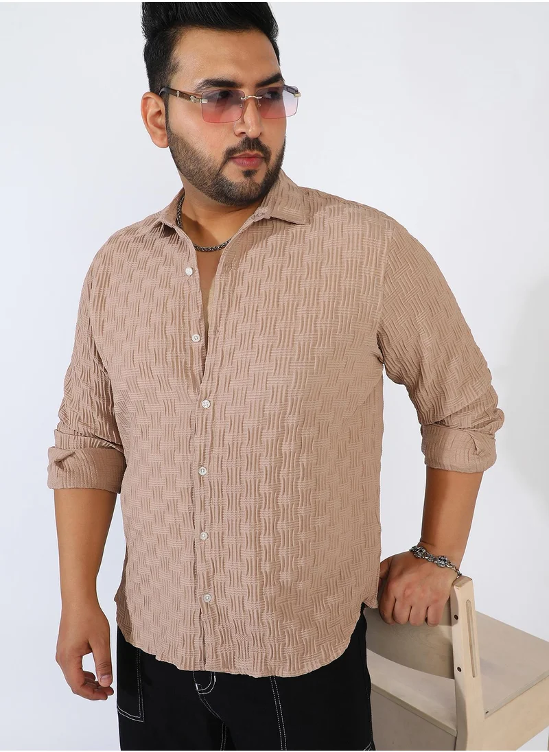 Instafab Plus Men's Beige Self-Design Intertwine Shirt