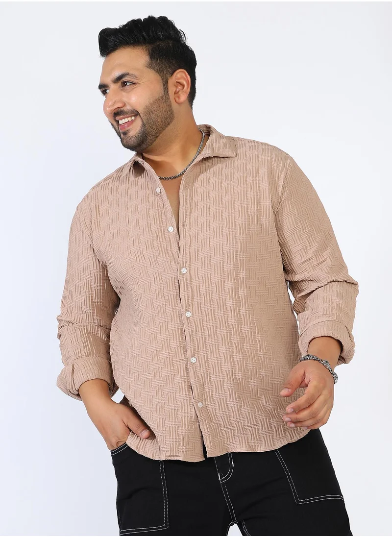 Instafab Plus Men's Beige Self-Design Intertwine Shirt