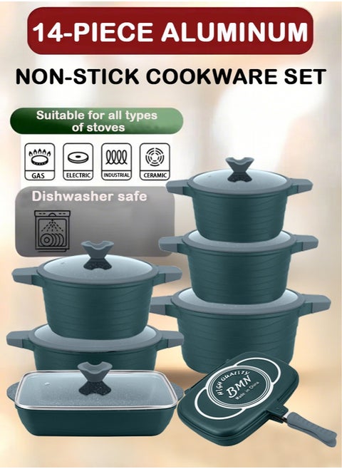 14-piece Granite Coated Nonstick Cookware Set, All-Stovetop Pans, Including Frying Pan, Saucepan, Sauté Pan and Baking Pan, PFOA-Free, Non-slip Handle and Shockproof Glass Lid with Silicone Rim (Green)