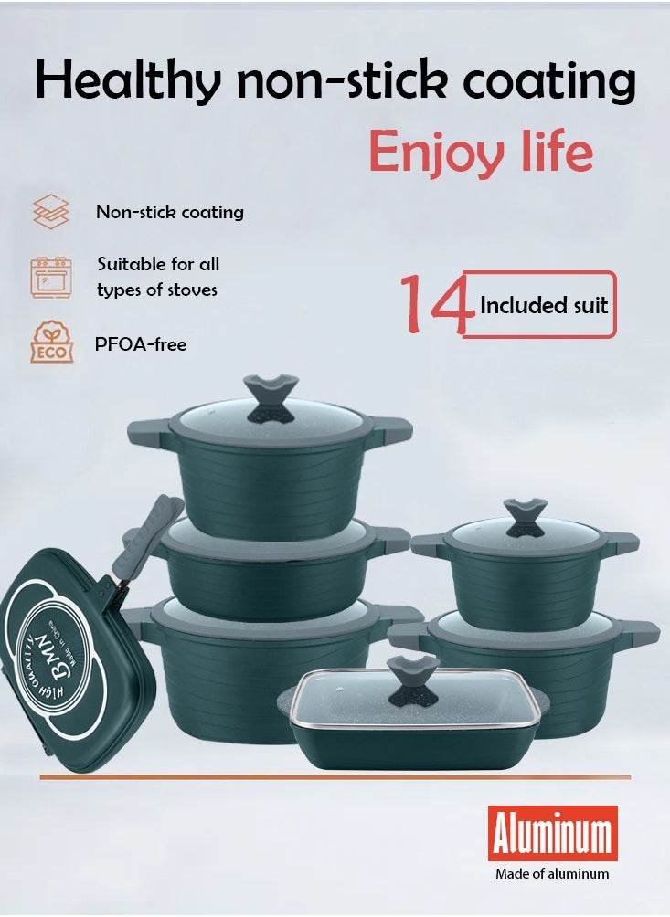 Rockland - 14-piece Granite Coated Nonstick Cookware Set, All-Stovetop Pans, Including Frying Pan, Saucepan, Sauté Pan and Baking Pan, PFOA-Free, Non-slip Handle and Shockproof Glass Lid with Silicone Rim (Green) - Image 1