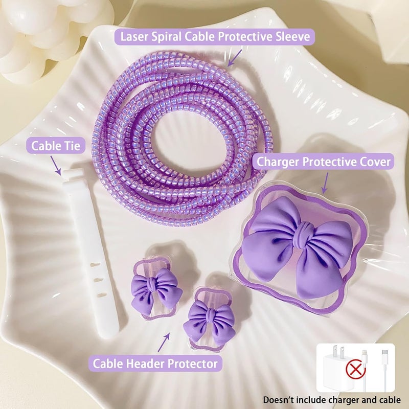 Twizzle Cute 3D Heart Design Case Cover for iPhone Adapter Compatible with 18W and 20W Charger Only 360° Protective Charger Cover Cable Protector Silicone Case Cover 5 in 1 (Purple Bow) - Image 3
