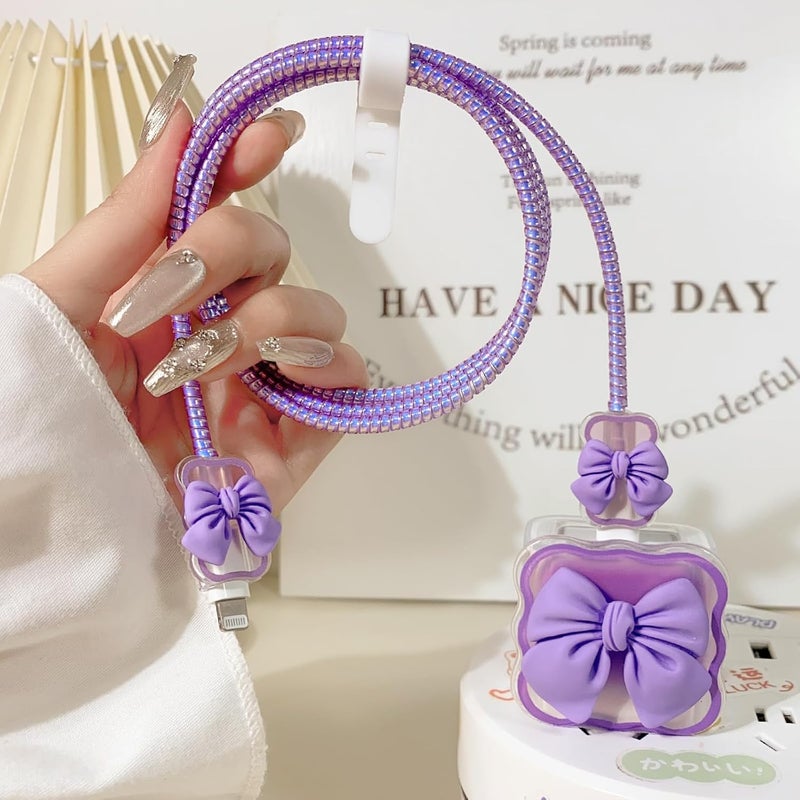 Twizzle Cute 3D Heart Design Case Cover for iPhone Adapter Compatible with 18W and 20W Charger Only 360° Protective Charger Cover Cable Protector Silicone Case Cover 5 in 1 (Purple Bow) - Image 4