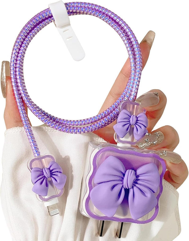 Twizzle Cute 3D Heart Design Case Cover for iPhone Adapter Compatible with 18W and 20W Charger Only 360° Protective Charger Cover Cable Protector Silicone Case Cover 5 in 1 (Purple Bow) - Image 1
