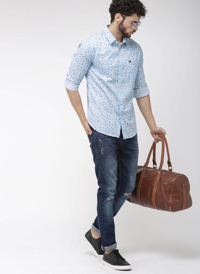 شركة المرآب الهندية قميص رجالي أزرق بقصة ضيقة بنقشة زهور من ذا إنديان جراج كو - Image 4