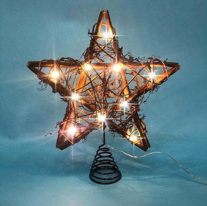 LAWOHO Christmas Tree Topper Farmhouse Christmas Decor Christmas Tree Decorations Rattan Natural Christmas Tree Star with 10 Warm LED Lights for Rustic Christmas Ornaments Holiday Seasonal Decoration 10 Inch - Image 1