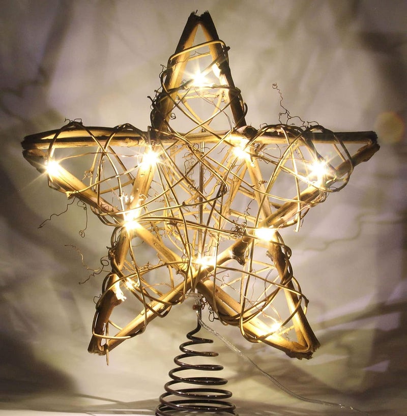 LAWOHO Christmas Tree Topper Farmhouse Christmas Decor Christmas Tree Decorations Rattan Natural Christmas Tree Star with 10 Warm LED Lights for Rustic Christmas Ornaments Holiday Seasonal Decoration 10 Inch - Image 2