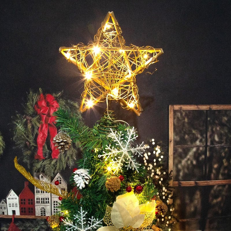 LAWOHO Christmas Tree Topper Farmhouse Christmas Decor Christmas Tree Decorations Rattan Natural Christmas Tree Star with 10 Warm LED Lights for Rustic Christmas Ornaments Holiday Seasonal Decoration 10 Inch - Image 4