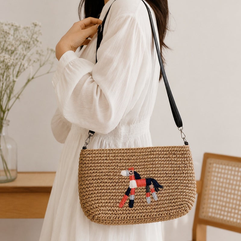 Women's Embroidered Straw Woven Shoulder Bag - Image 3