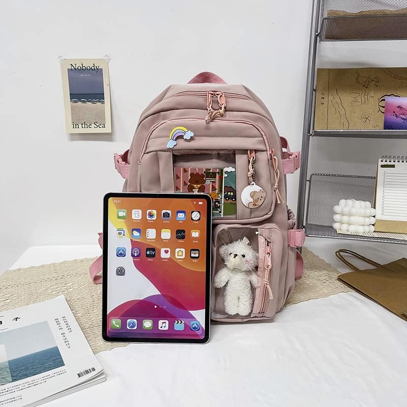 MTRoyaldia Kawaii Standard Backpack With Kawaii Pin And Accessories, Large Capacity Cute Bear Accessories Stas Kas For Teen Girls (Pink) - Image 3