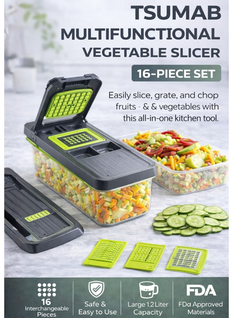 TSUMAB 16-in-1 Multifunctional Vegetable Slicer & Chopper with 1.2L Container – BPA-Free Kitchen Cutter Set - Image 1