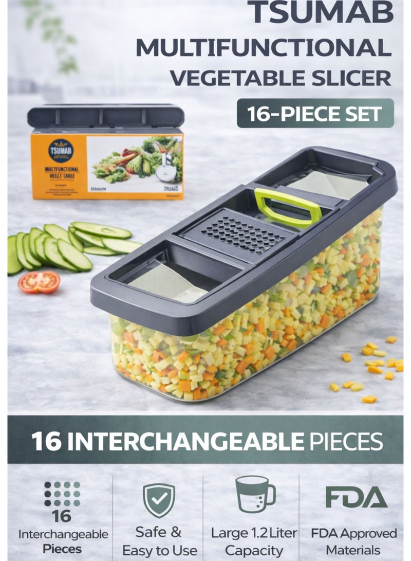 TSUMAB 16-in-1 Multifunctional Vegetable Slicer & Chopper with 1.2L Container – BPA-Free Kitchen Cutter Set - Image 2