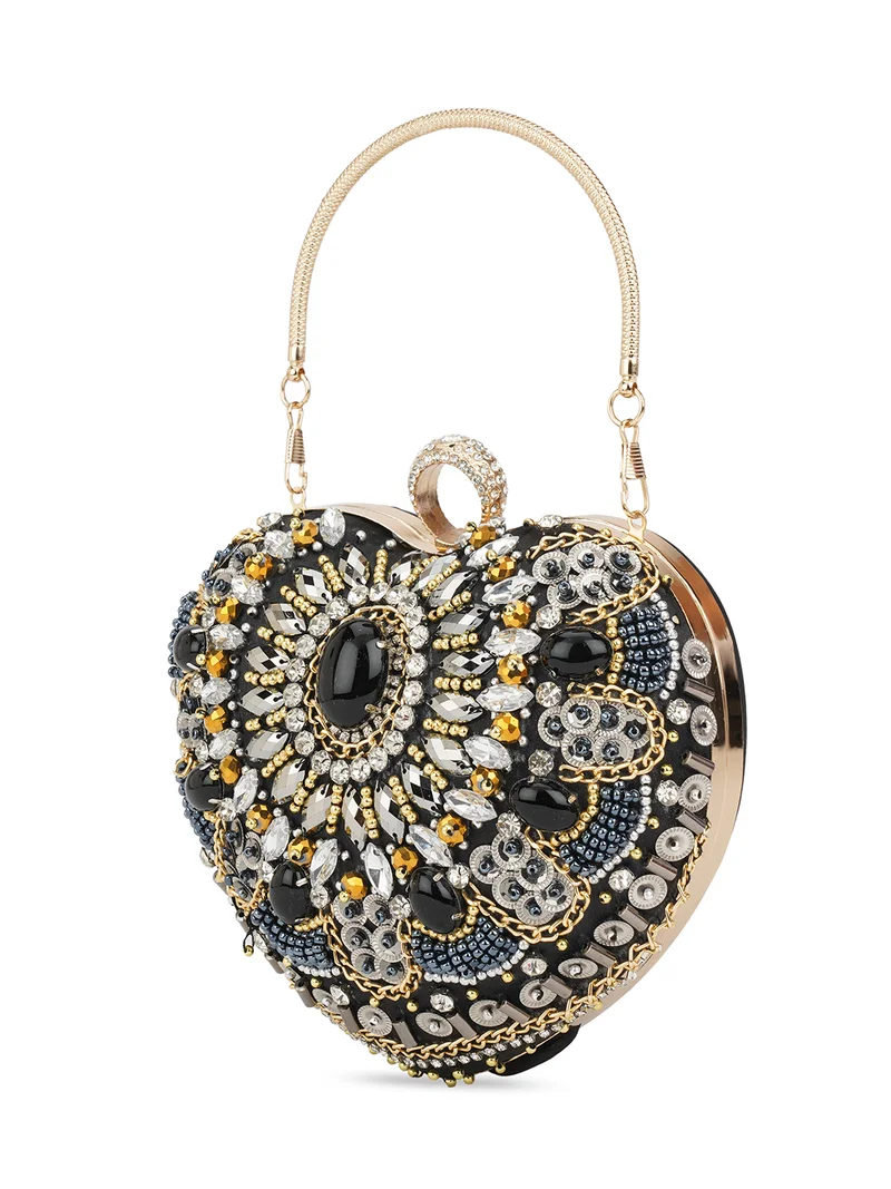 globus Globus Women Black Embellished Twistlock Metal Handle Small Party Handheld Bag With Detachable Chain Strap