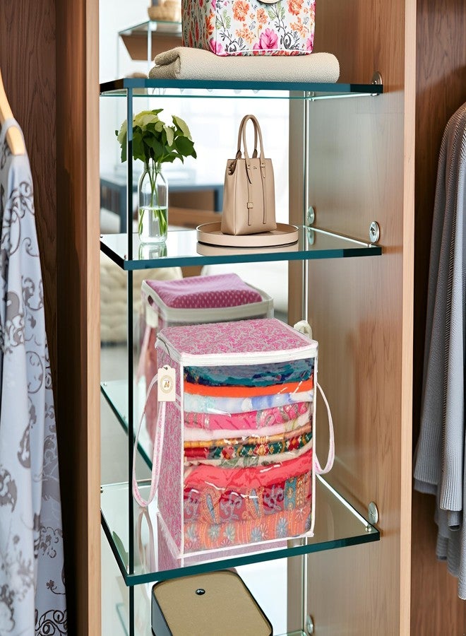 SHAPING FABRIC Pink Floral Fabric Saree Storage Bag with Transparent Front & Zipper Closure – Pack of 01 SF-SD-983 - Image 1