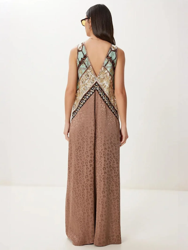 Happiness İstanbul Coffee Brown ISTANBUL Wide Leg Printed Jumpsuit with V-Neck for Women | Best Price UAE