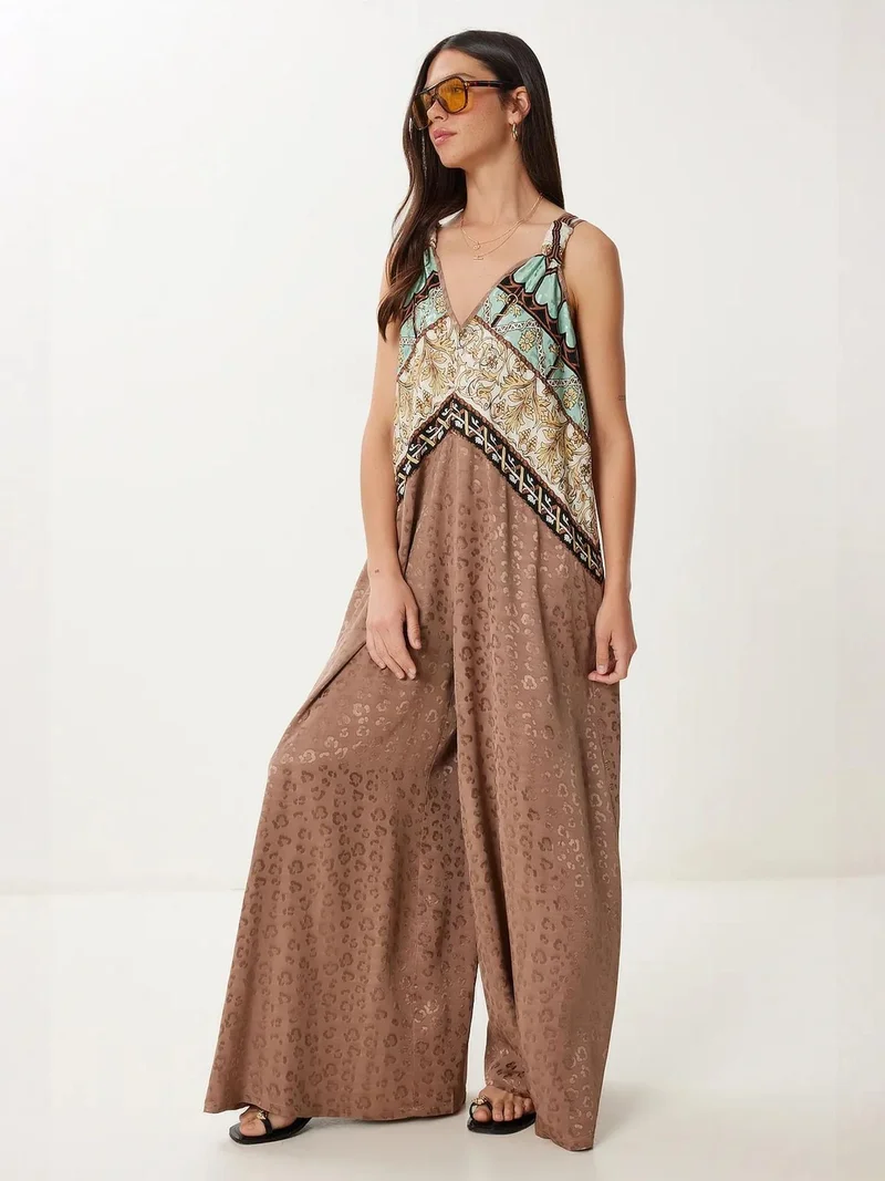 Happiness İstanbul Coffee Brown ISTANBUL Wide Leg Printed Jumpsuit with V-Neck for Women | Best Price UAE