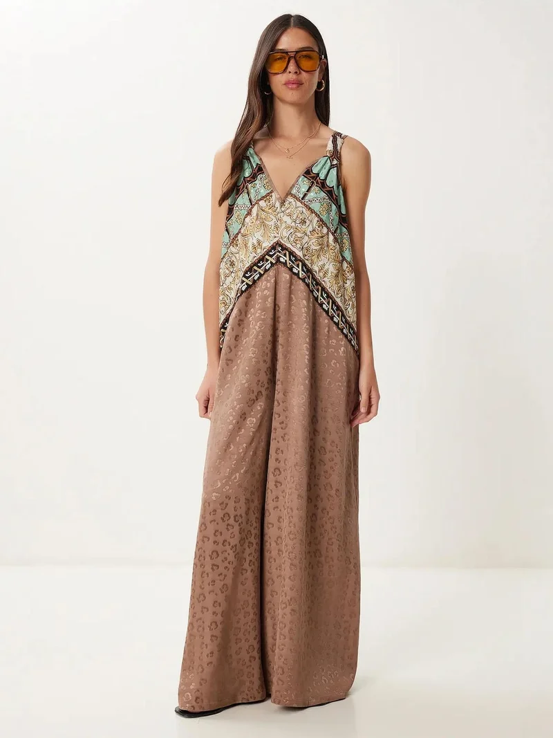Happiness İstanbul Coffee Brown ISTANBUL Wide Leg Printed Jumpsuit with V-Neck for Women | Best Price UAE