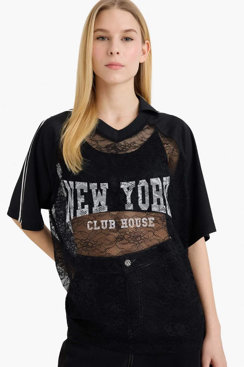 Defacto Oversize Fit Printed Lace T-shirt