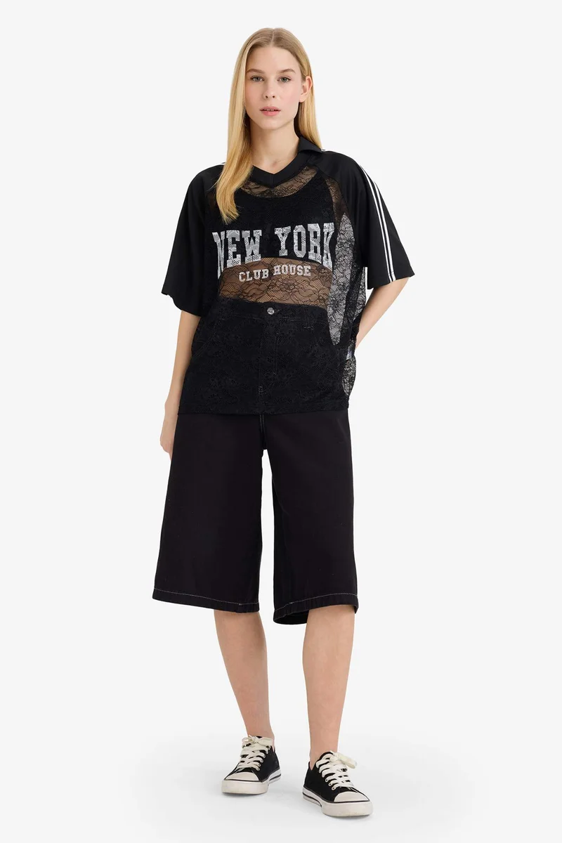 Defacto Oversize Fit Printed Lace T-shirt