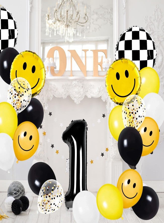 Whaline 29Pcs One Happy Dude First Birthday Party Decorations Yellow White Black Balloons Checkered Number 1 Balloon for Smile Face First Birthday Decoration Supplies - Image 5
