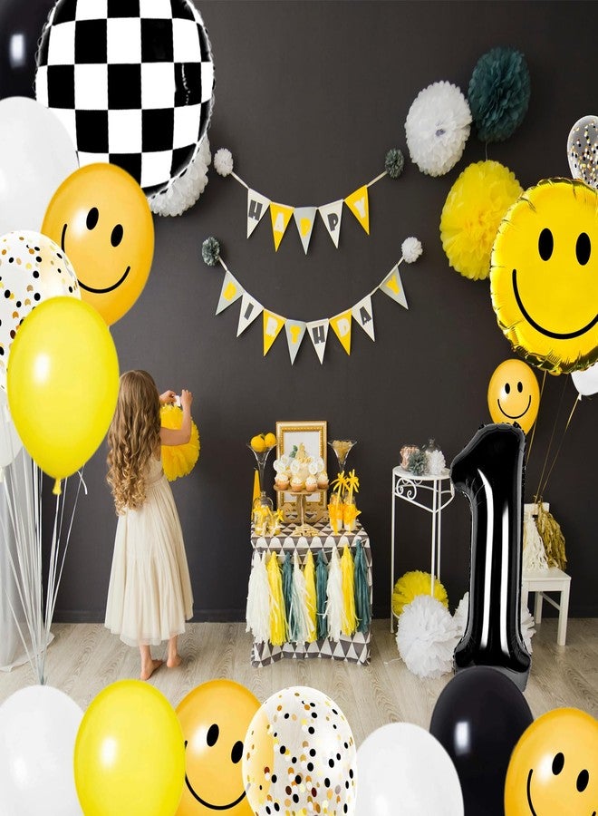 Whaline 29Pcs One Happy Dude First Birthday Party Decorations Yellow White Black Balloons Checkered Number 1 Balloon for Smile Face First Birthday Decoration Supplies - Image 3