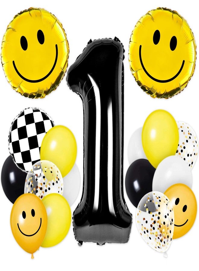 Whaline 29Pcs One Happy Dude First Birthday Party Decorations Yellow White Black Balloons Checkered Number 1 Balloon for Smile Face First Birthday Decoration Supplies - Image 1