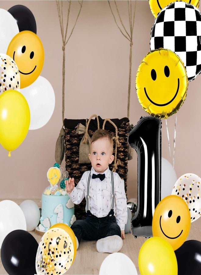 Whaline 29Pcs One Happy Dude First Birthday Party Decorations Yellow White Black Balloons Checkered Number 1 Balloon for Smile Face First Birthday Decoration Supplies - Image 4