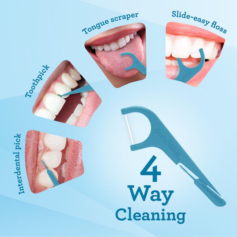 GuruNanda Quad Clean Floss Picks 4-in-1 with Tongue Scraper, Interdental Pik & Toothpick, Non-Shred Dyneema Thread, with Xylitol & Baking Soda, 300 ct - Image 4