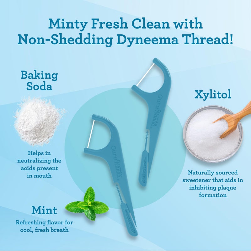 GuruNanda Quad Clean Floss Picks 4-in-1 with Tongue Scraper, Interdental Pik & Toothpick, Non-Shred Dyneema Thread, with Xylitol & Baking Soda, 300 ct - Image 3