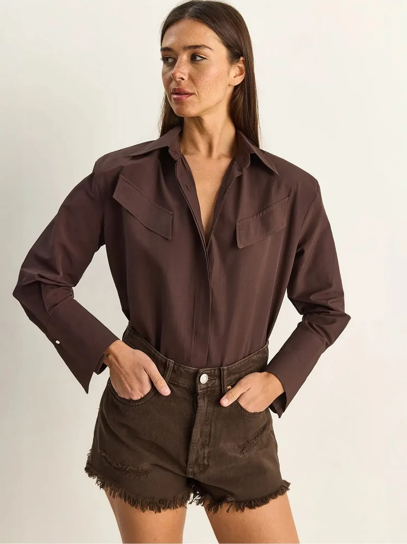 Bianco Lucci LUCCI Casual Long Sleeve Button Up Poplin Shirt with Pocket