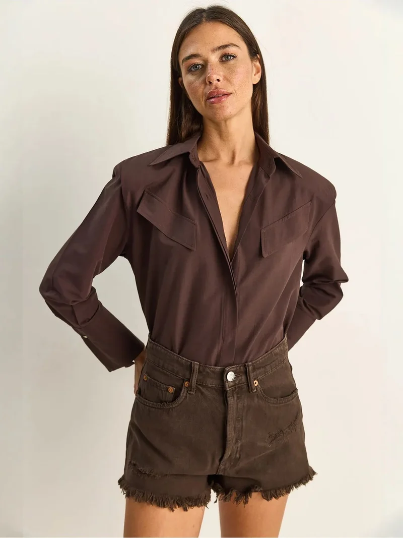 Bianco Lucci LUCCI Casual Long Sleeve Button Up Poplin Shirt with Pocket
