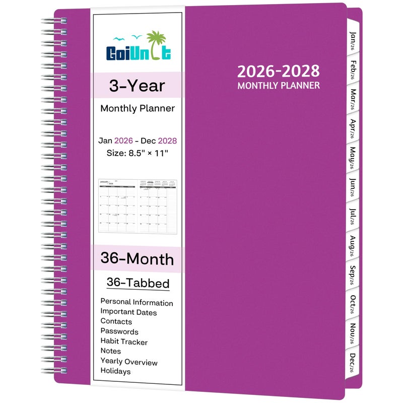 GoiUnlt Monthly Planner 2026-2028, 36 Months Calendar Planner 2026-2028 from Jan 2026 â€“ Dec 2028, 8.5'' x 11'' with Ruled Spread, Flexible Cover, Spiral Wirebound, Pocket, Coated Tabs, Notes ï¼† Habit Tracker - Image 1