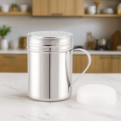 GS Kitchenware Stainless Steel Powder Shaker with Handle and Plastic Lid Cap, 300 ML, Kitchen Dredger for Spices, Sugar, Salt, Flour. - Image 5