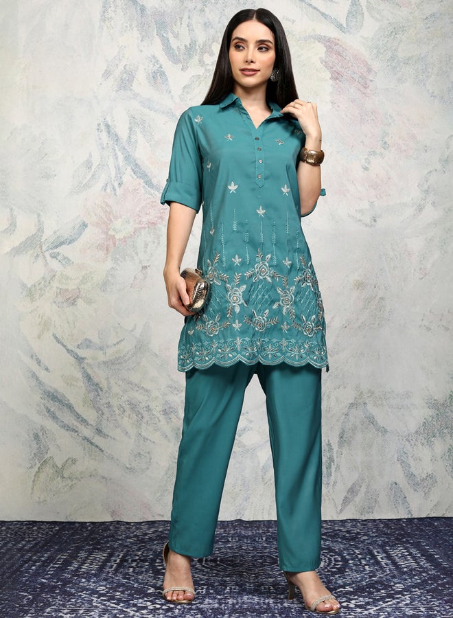 فيشود طقم تونيك مطرز بياقة عريضة مع بنطلون - Image 1