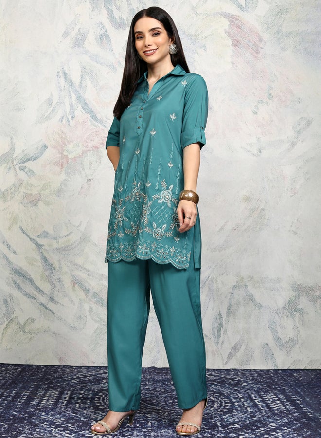 فيشود طقم تونيك مطرز بياقة عريضة مع بنطلون - Image 3