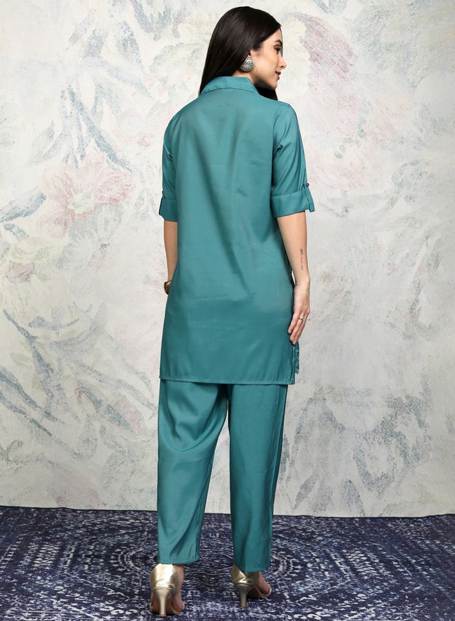 فيشود طقم تونيك مطرز بياقة عريضة مع بنطلون - Image 2