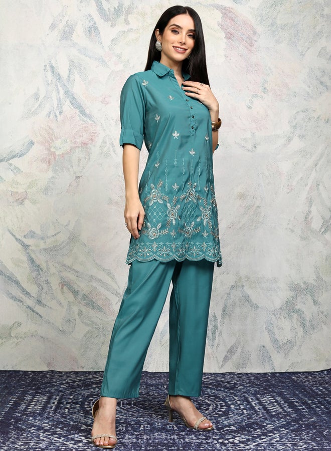 فيشود طقم تونيك مطرز بياقة عريضة مع بنطلون - Image 5