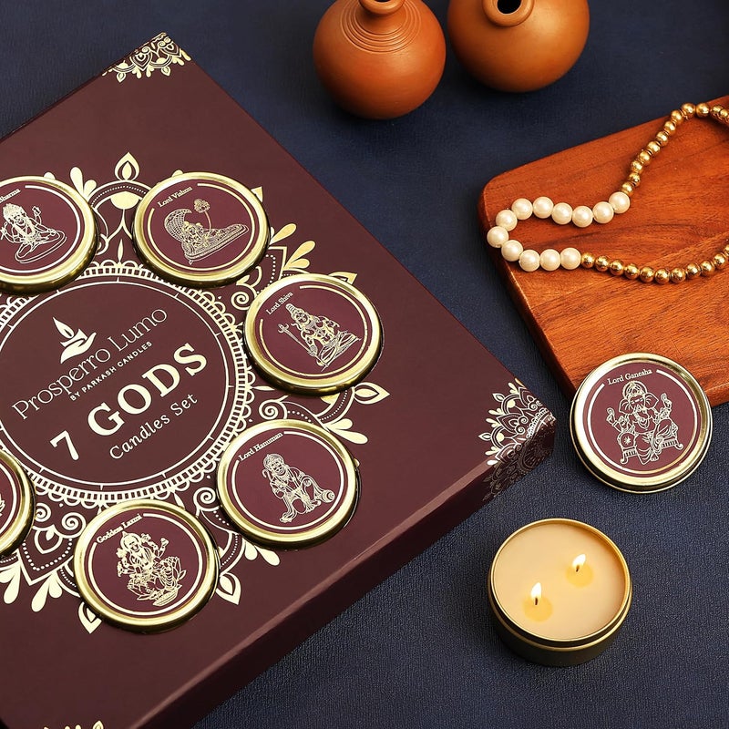 PROSPERRO LUMO by Parkash Candles Luxury 7 God Premium Fragrances Candle Set Dual Wick PANCHAMRIT KUMKUMADI MOGRA BAKHOOR VIBHUTI Kesar Chandan Clove Cedar