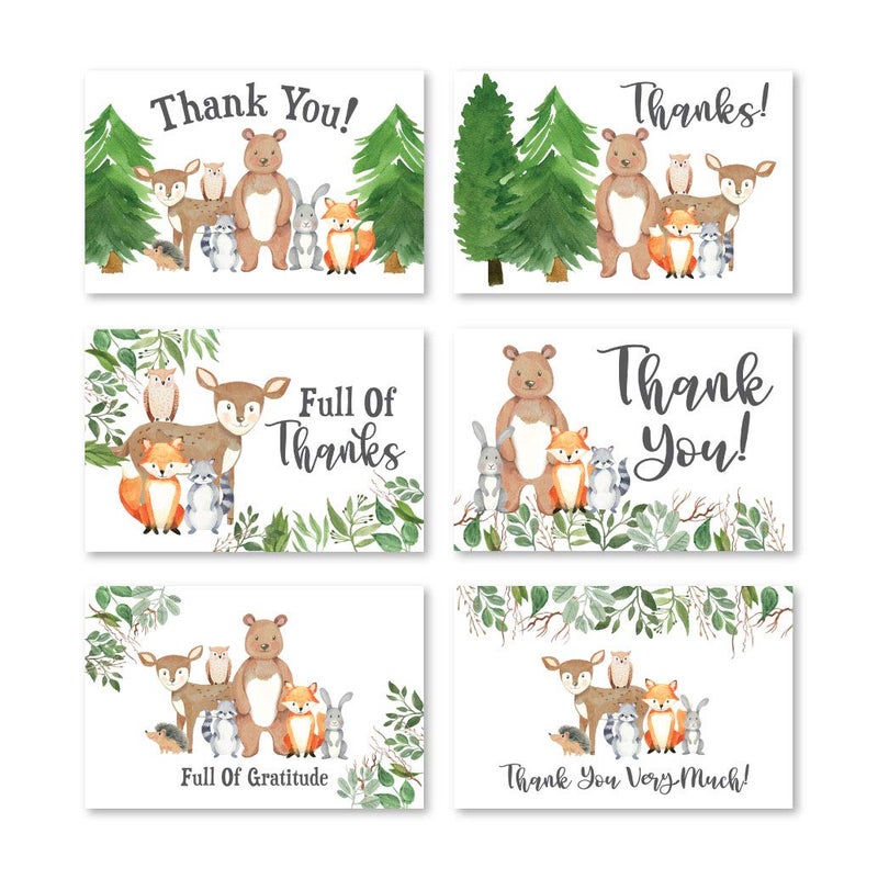 Hadley Designs 24 Kids Thank You Cards Birthday - 4x6 Animal Woodland Baby Shower Thank You Cards with Envelopes Kids ThankYou Notes Bulk, Blank Teacher Appreciation Notes, Party Supplies, Made In USA - Image 1