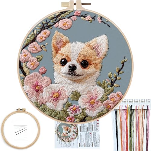 FONNUY Chihuahua Dog Floral Embroidery Kit Cross Stitch Kits for Beginners Handmade Crafts with Printed Patterns for Beginner Adults Easy to Follow Color Thread Needlework 8 Hoop Petite Dog - Image 1