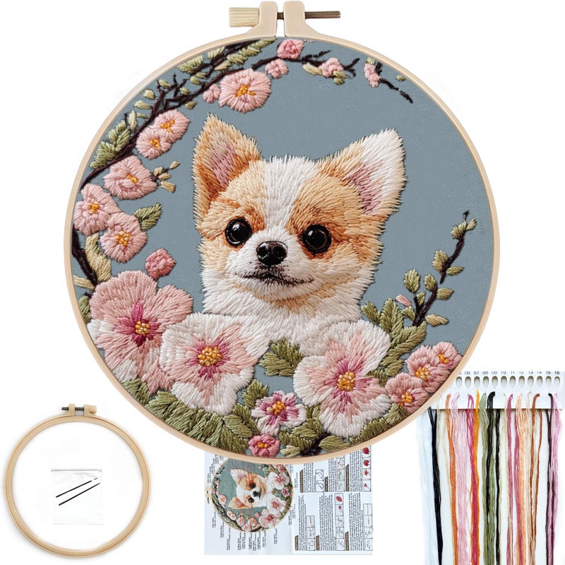 FONNUY Chihuahua Dog Floral Embroidery Kit Cross Stitch Kits for Beginners Handmade Crafts with Printed Patterns for Beginner Adults Easy to Follow Color Thread Needlework 8 Hoop Petite Dog - Image 3