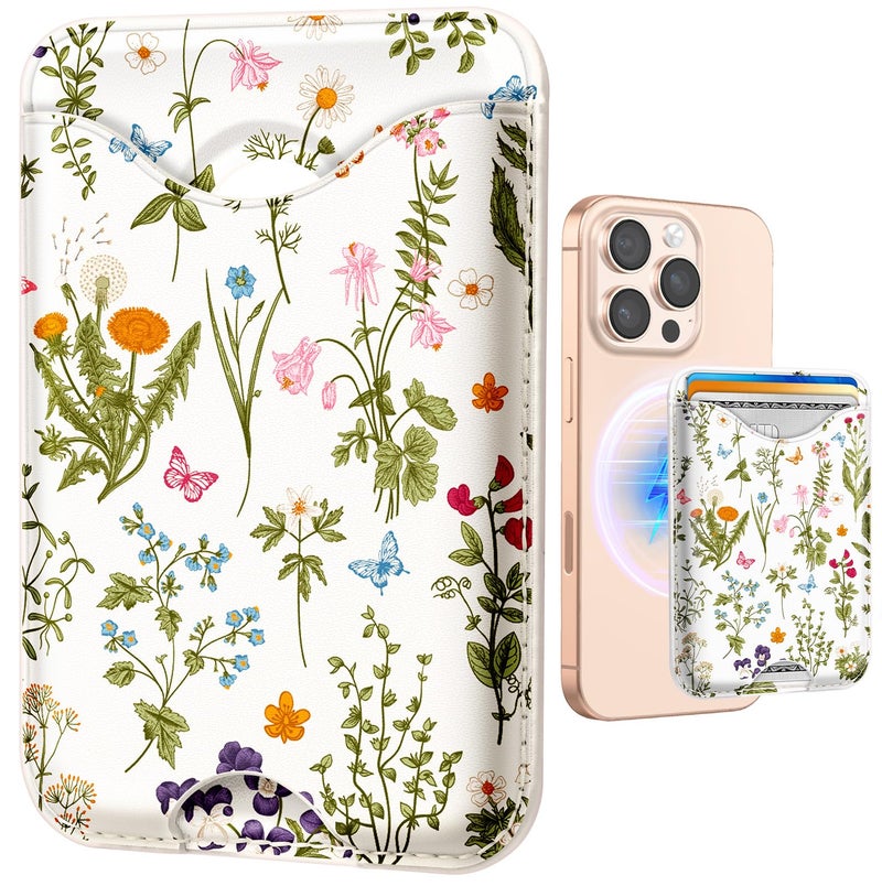 Shorogyt Compatible with Magsafe Wallet Magnetic Card Holder - Flower Grass Phone Wallets for Women Teen Girls Cute for iPhone 17/16/15/14/13/12 Series Slim for Apple Mag RFID Magnet Fit 3 Cards - Image 1