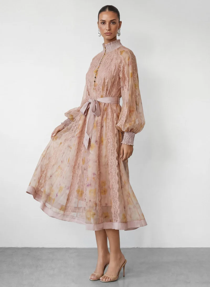 سنفير Love That For You Pink Printed Lace Midi Dress