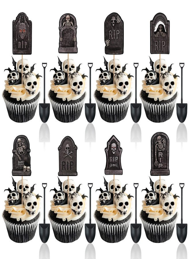 PADELO 48 Pcs Halloween Cupcake Toppers - Tombstones Graveyard Cake Topper, Halloween Cake Decorations with Mini Shovel Spoons, 8 Designs Helloween Cupcake Picks for Kids Birthday Helloween Party Decorations - Image 1